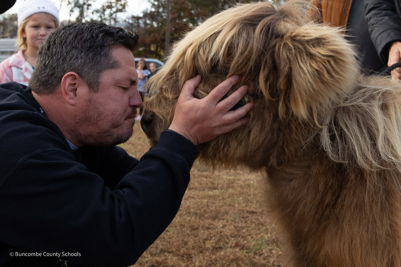 Mr. Harrell presses his face against the cow's.