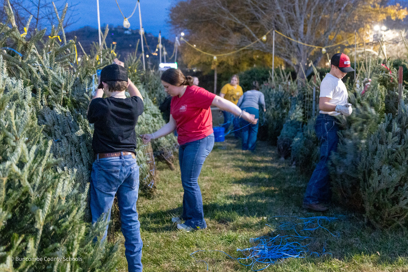 Students walk through a row of trees unloaded from the platform truck