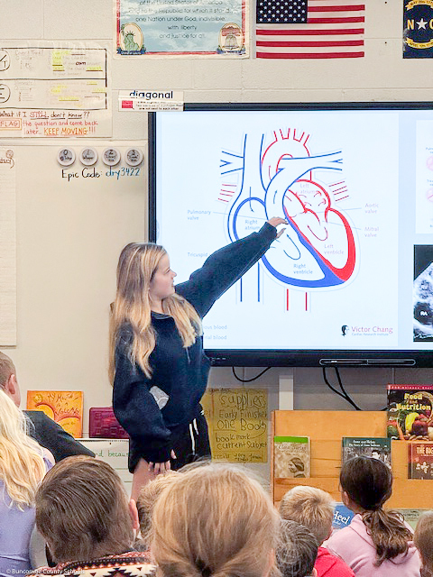 Ann Louise points at a heart diagram during her presentation at Hominy Valley Elementary.