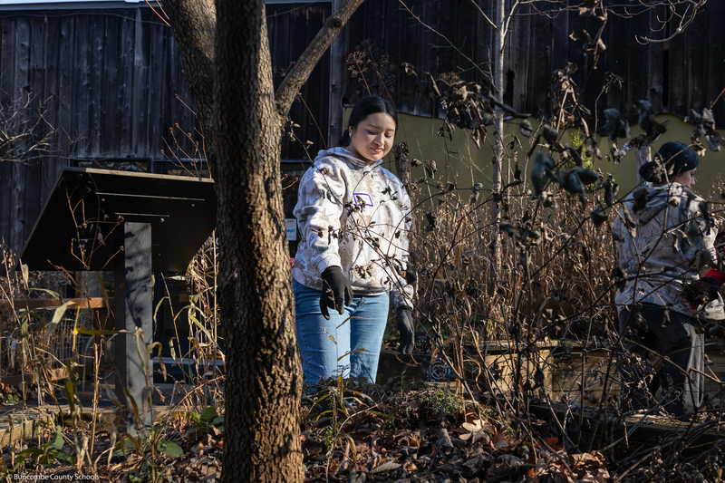 A student helps clean up the grounds of WNC Nature Center.