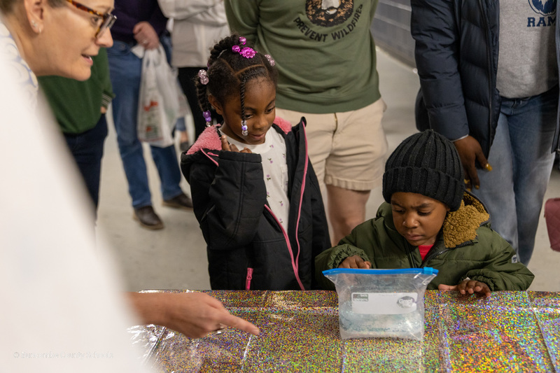Two students look at a sandwich bag transformed into snow globe.