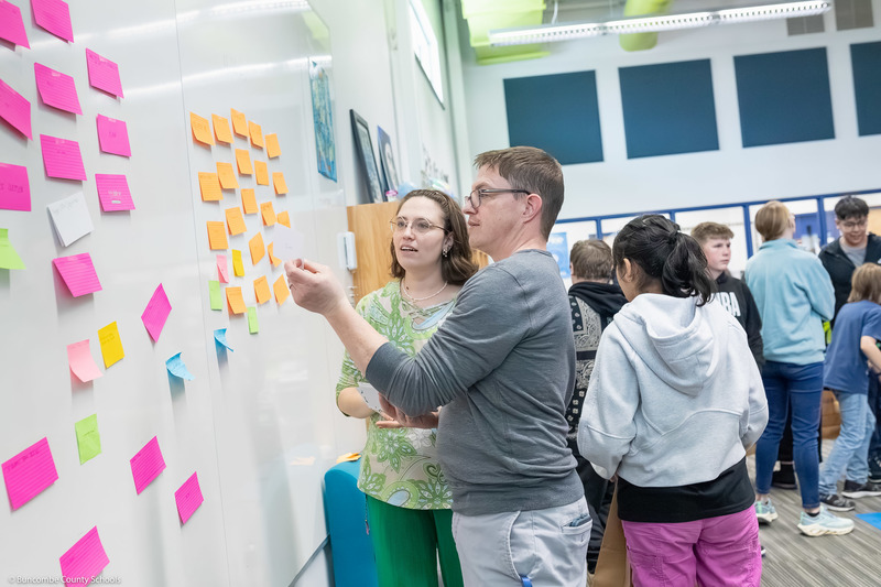 Two teachers place sticky notes on a white board.