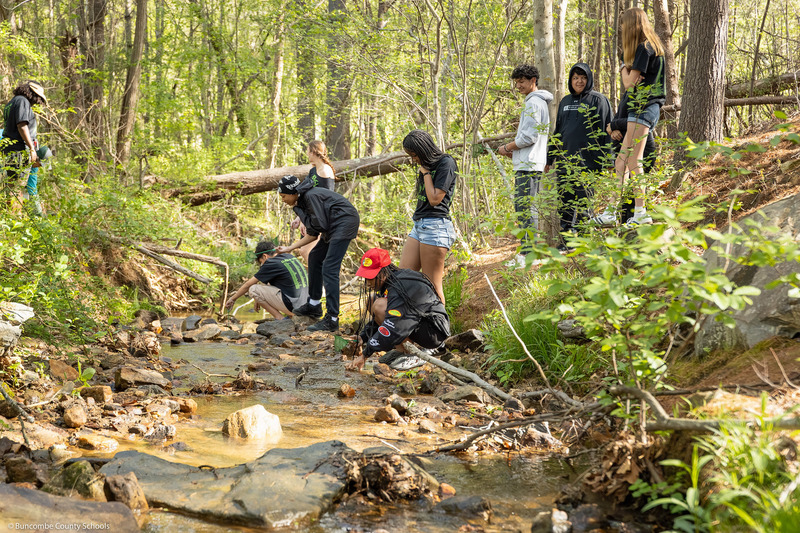 Students explore a creek.