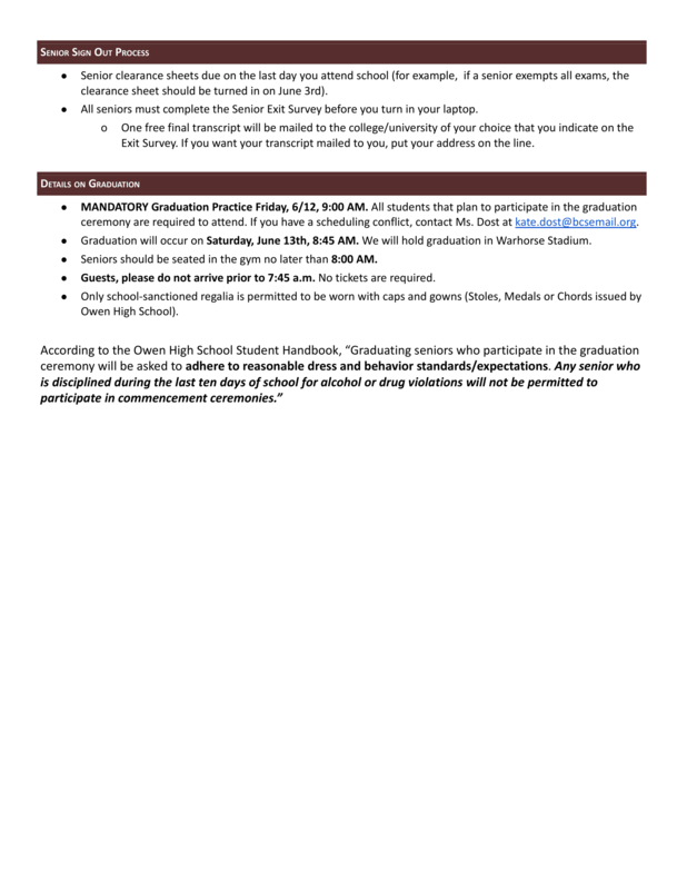 2nd of 2 pages with graduation-related details for high school seniors 