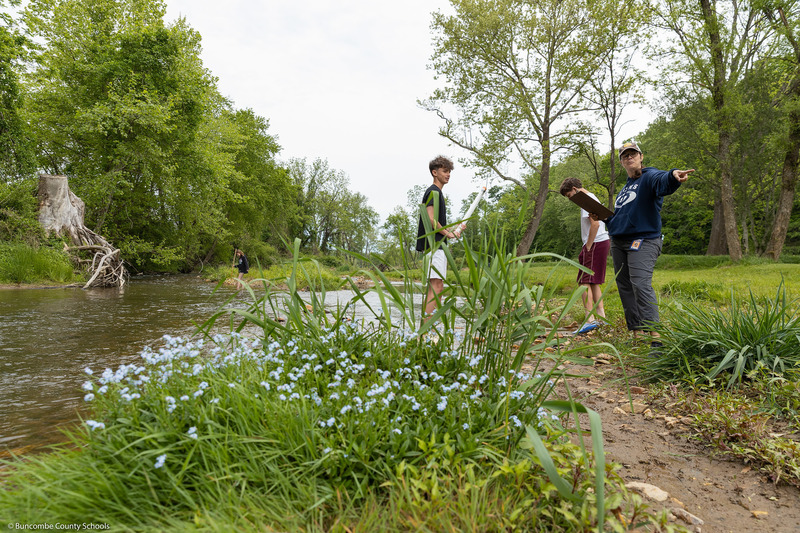 Students talk to an adult while standing in the creek, with flowers in the foreground.