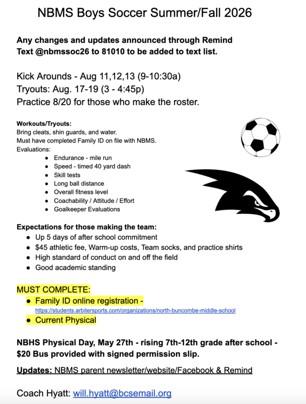 Image of boys soccer summer workouts.  Workouts are happening on August 11,12,13 from 9-10:30am and try-outs are August 17-19 from 3 - 4:45pm.  Email Coach Hyatt for information – will.hyatt@bcsemail.org