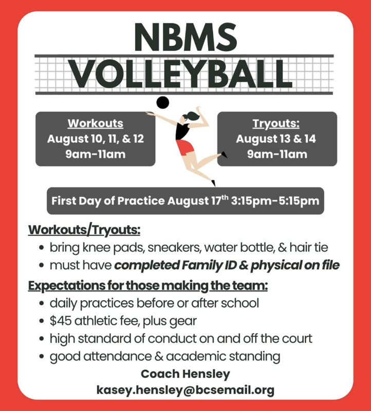 image of the volleyball summer workout schedule.   Workouts are on August 10, 11, 12 from 9:30-11:30 and tryouts are August 13 and 14 9:30-11:30.