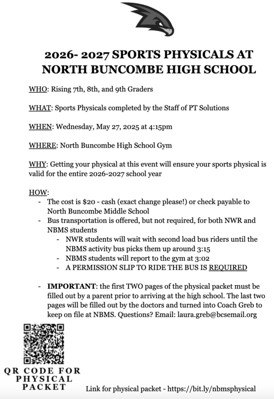 Image of information about physicals on May 27 @ NBHS.  Cost is $20 and transportation will be provided.  Parents pick kids up at NBHS.