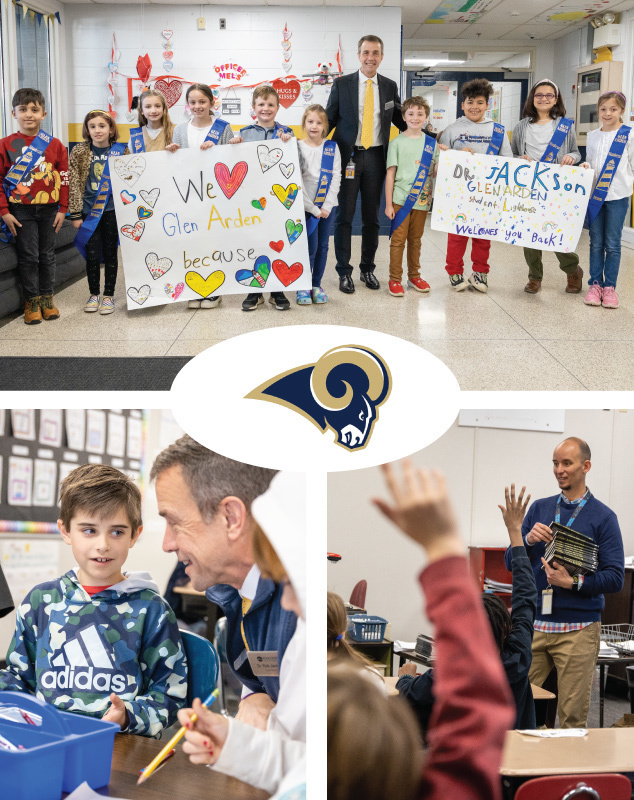 Three photos showing different moments from Dr. Jackson's visit to Glen Arden Elementary.