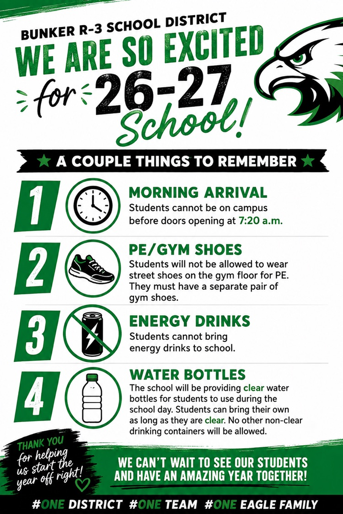 Bunker R-3 2026–2027 back-to-school flyer highlighting important reminders for arrival, gym shoes, energy drinks, and clear water bottles.