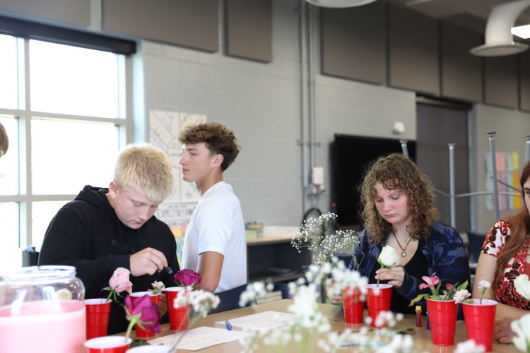 Students using translocation to dye flowers with colored water! 