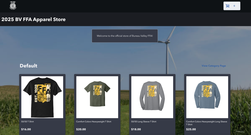 Our 2025 BV FFA Apparel Store is now open! Shop a variety of shirts and styles here: https://bureauvalleyffa.itemorder.com/shop/home/ Store Closes: Thursday, October 17 at midnight Orders Ship: October 20 Don’t miss your chance to grab this year’s BV FFA gear and show your support. Thank you for supporting Bureau Valley FFA!