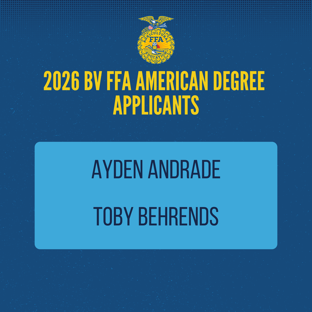 Congratulations to our Bureau Valley FFA members on their success in the 2026 BV FFA Proficiency Contest. This competition evaluates students based on their Supervised Agricultural Experience (SAE) records, recognizing excellence in career skill development, entrepreneurship, and placement experiences. Students advancing will represent Bureau Valley at the Section 3 Proficiency Interviews on February 16, with State Degree applicants interviewing the same day. We also extend our sincere thanks to our judges for their time, expertise, and support of our students. We also want to wish luck to Ayden Andrade and Toby Behrends as they interview for their American FFA Degree in February as well!