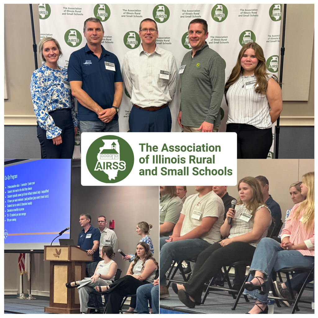 Bureau Valley High School recently attended the inaugural Association of Illinois Rural and Small Schools (AIRSS) conference in Decatur. Senior Kaitlyn Shook represented the district on a student panel, sharing her perspective on rural education.  Also in attendance were Principal Mr. Price, Industrial Tech teacher Jeff Harris, and Ag teacher Caseelynn Shimmin. They were joined by Keegan Roth, representing John Deere. It was an excellent opportunity to connect with leaders from across the state and bring valuable insights back to our school.