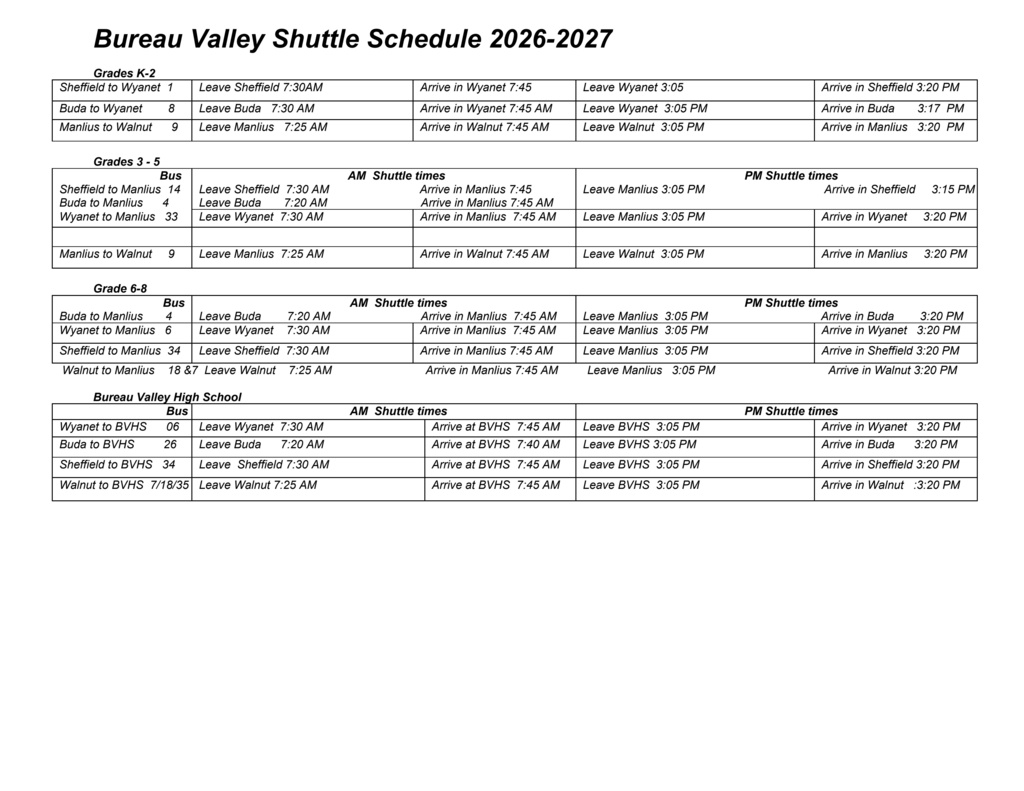 BV Shuttle schedule 26-27