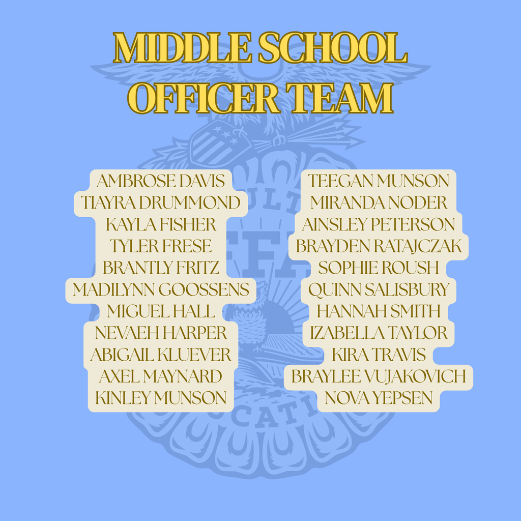 Congratulations to the newly elected members of the BV FFA Greenhand Leadership Team and Middle School Officers!!! We look forward to see you all at Leadership Bootcamp in the BVHS Ag Rooms tomorrow from 3:00 PM - 4:45 PM!