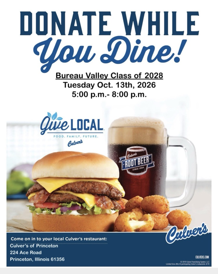 Don’t forget to head to Culver’s in Princeton tomorrow evening for Junior Class of 2028 Share Night to help raise funds for the 2027 BV Prom!!!!