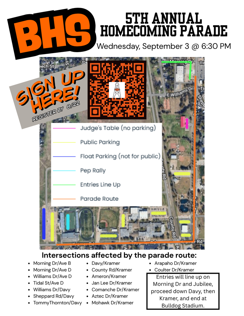 BHS invites the community to join in on Homecoming fun! Scan the QR code for parade entry information and see the map for the parade route. After the parade, BHS will have a pep rally at Bulldog Stadium and everyone is invited!