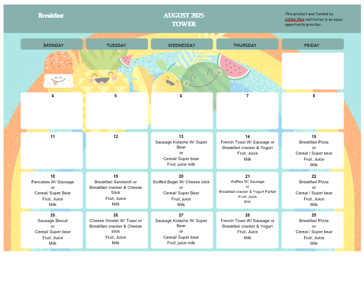 Breakfast menus August 2025
