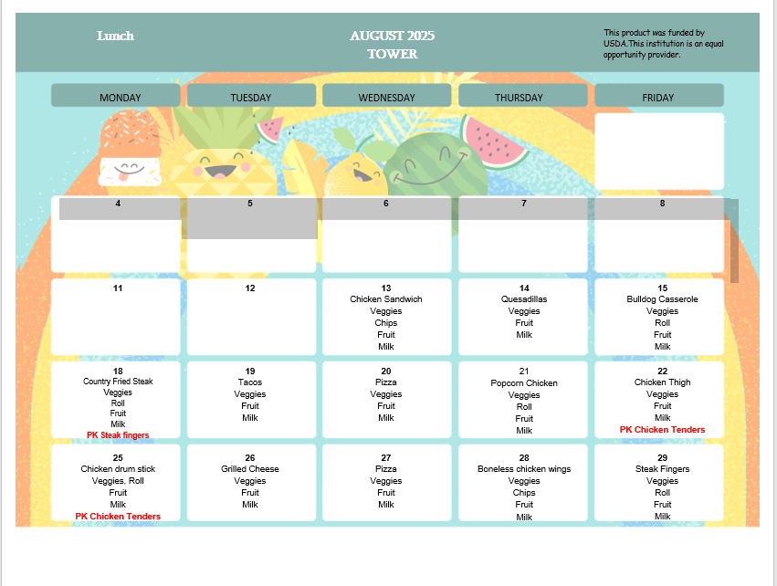Lunch menu August 2025