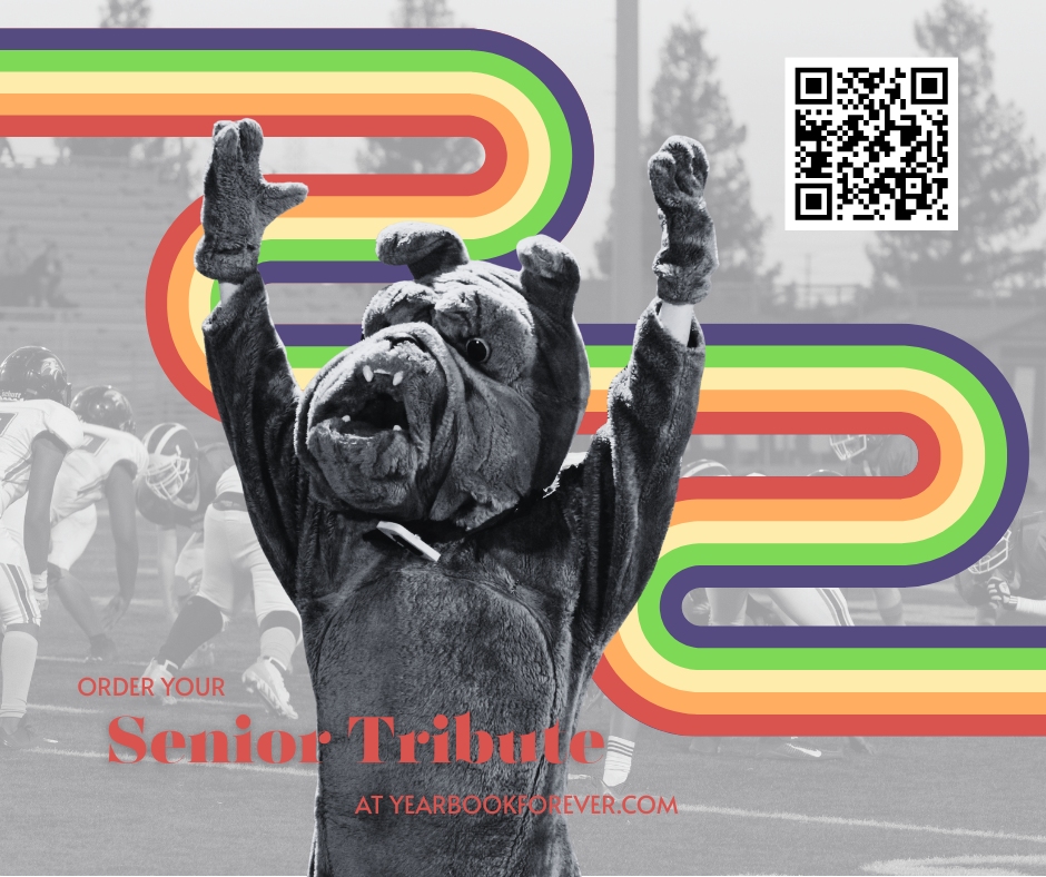A gray bulldog mascot with its arms raised in the air stands in front of a colorful, arched background and a blurred football field. Text over the image reads, "ORDER YOUR Senior Tribute AT YEARBOOKFOREVER.COM".