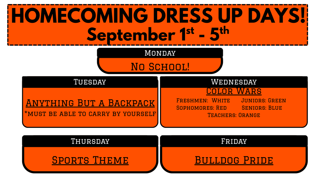 ✨🏈 It’s almost that time… HOMECOMING WEEK! 🏈✨ Mark your calendars ➡️ September 1–5. Get ready to show your hometown spirit with these awesome dress-up themes all week long! 🎉🔥