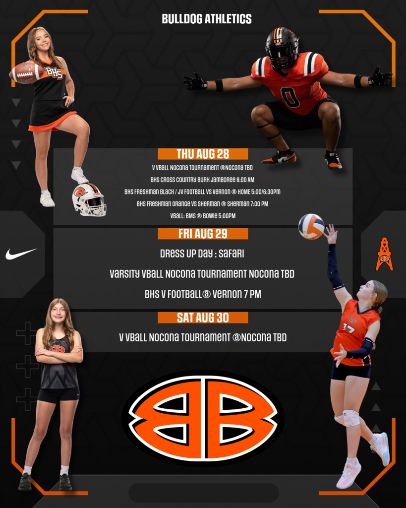 🏃‍♂️⚽🏈 Upcoming events in Bulldog Athletics!  Bulldog fans! We've got an action-packed weekend of sports coming up:  - Cross Country heads to the Burk Jamboree at Burkburnett High School - Freshman Black /JV Football takes on Vernon at HOME (5:00/6:30pm) / Freshman Orange @ Sherman 7 PM - Volleyball excitement with our teams competing in the Nocona Tournament - Middle School Volleyball travels to Bowie (5:00 PM) - Varsity Football faces Vernon (7:00 PM)  Come out and support your Bulldogs! Let's show our athletes some love this week! 🐶