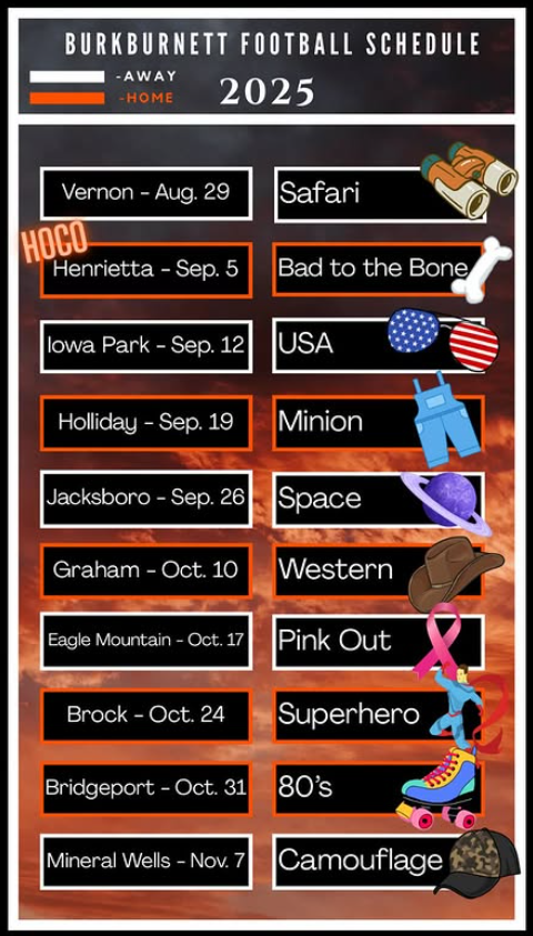 Games and Themes: Vernon - Aug. 29 | Safari Henrietta - Sep. 5 | Bad to the Bone Iowa Park - Sep. 12 | USA Holliday - Sep. 19 | Minion Jacksboro - Sep. 26 | Space Graham - Oct. 10 | Western Eagle Mountain - Oct. 17 | Pink Out Brock - Oct. 24 | Superhero Bridgeport - Oct. 31 | 80's Mineral Wells - Nov. 7 | Camouflage