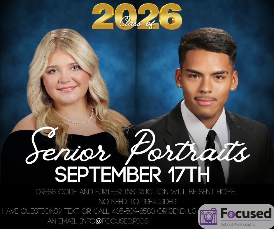 Senior Picture Day is September 17th!📸 Don't miss out on getting your senior portraits taken. Please see the important details below: On Picture Day 🗓️ Sitting Fee: Please bring the $15 sitting fee with you. You can pay with cash or a check made out to Focused School Photography. Online Payment: Pay ahead of time online at focused.pics/order (scroll to the bottom of the page to find the senior sitting fee option). What to Wear 👕 Girls: Wear or bring a spaghetti strap tank or cami. Avoid racerback or crisscross straps, as they won't work with the black drape provided by Focused Pics. Boys: Wear or bring a plain white T-shirt. A jacket, shirt, and tie will be provided by Focused Pics. Questions? 📧 Email the team at info@focused.pics if you have any questions.