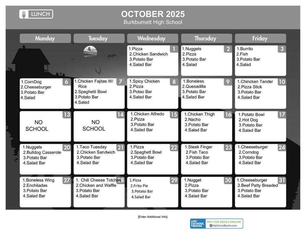 Here is the lunch menu for the month of October for BHS