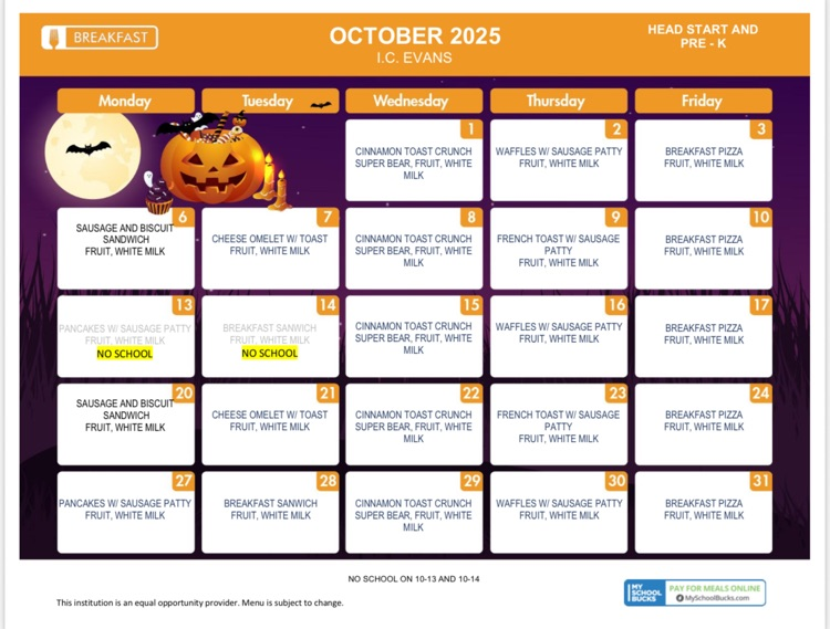 October Breakfast and Lunch Menus for Head Start and PreK 