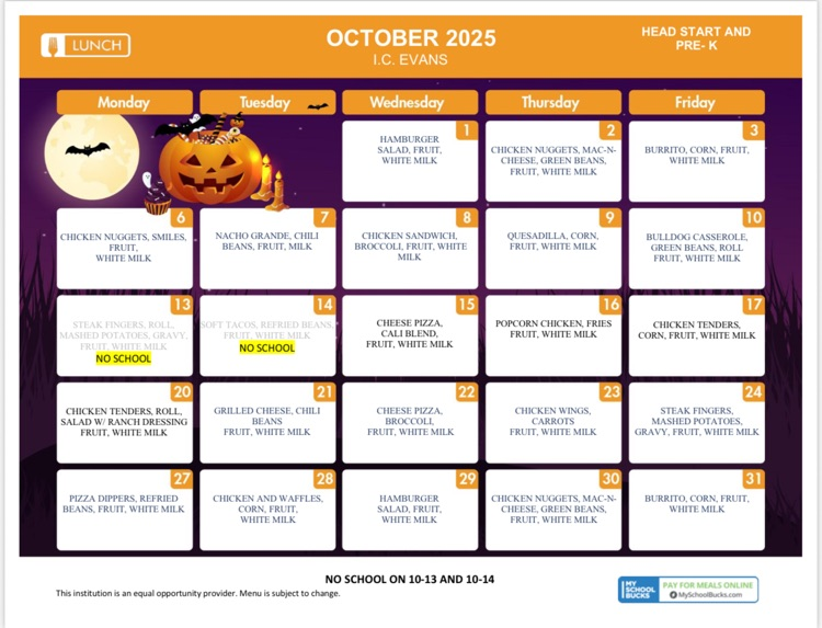 October Breakfast and Lunch Menus for Head Start and PreK 