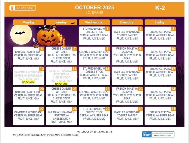 October Breakfast and Lunch Menus for Kinder-2nd