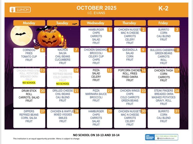 October Breakfast and Lunch Menus for K-2