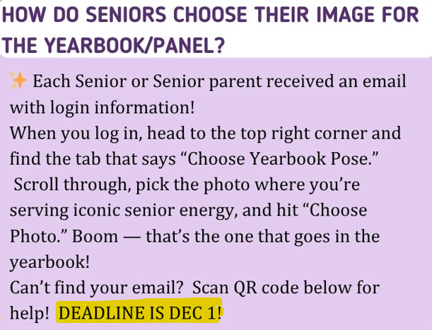 The deadline to choose your senior portrait for the yearbook is December 1st. To select your photo... Open your email from Focused Pics sent to the email address you provided to get your login info. Check your spam folders if needed! Log in, go to the top right corner, and select "Choose Yearbook Pose." Choose your photo by selecting "Choose Photo." For support or more information about your photos, please contact Focused Pics at info@focused.pics or call 405-509-8580.