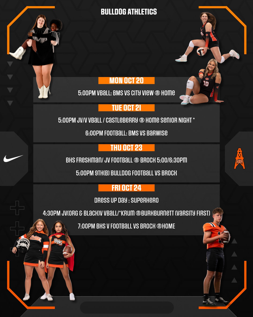 MON: Volleyball hosts City View at 5pm TUE: JV/V Volleyball + Football Senior Night THU: Freshman/JV & 9th(B) Football @ Brock FRI: SUPERHERO NIGHT 🦸♂️ JV Org/Black Volleyball @ BV + Varsity Football vs Brock at 7pm