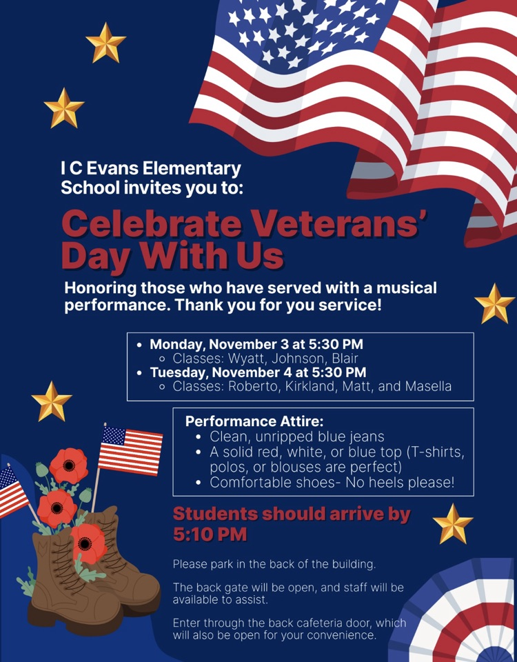 2nd Grade Veterans Day Music Performance next Monday & Tuesday evening at 5:30! 