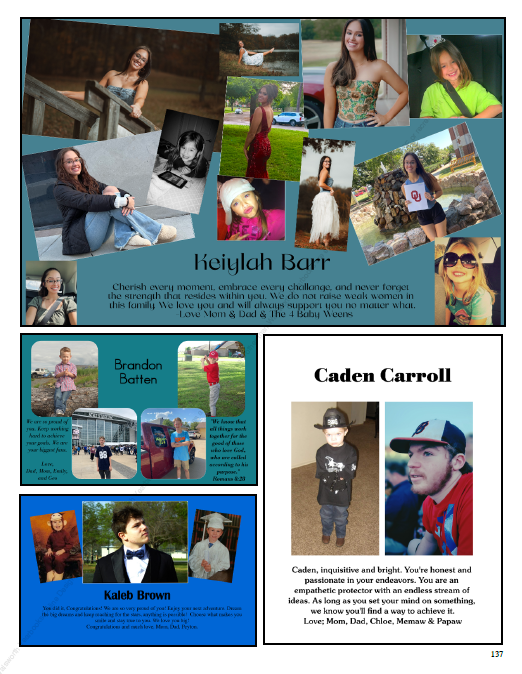 A collage of yearbook pages showing examples of purchased Senior Tributes. The pages feature photo collages and personalized messages from family members to students.