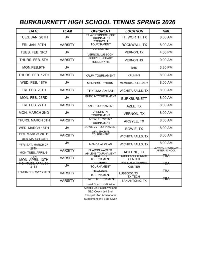 Schedule of tennis for spring