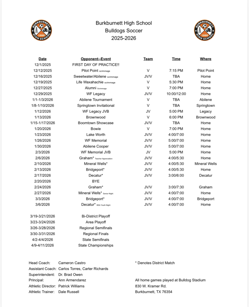 BHS Boys Soccer Schedule