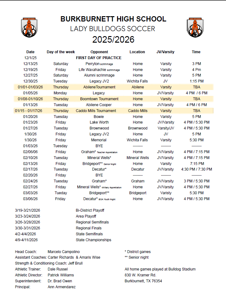 BHS Girls' Soccer Schedule