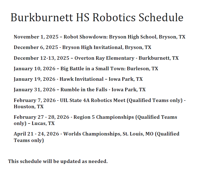 Updated BHS Robotics Schedule