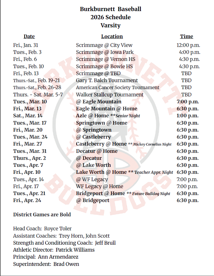 BHS Baseball Schedule