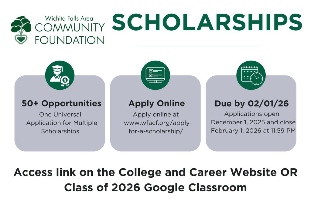 Wichita Falls Area Community Foundation (WFACF) is home to more than 50 Scholarship Funds! Our Universal Application allows students to apply for most eligible scholarships with only one application. Graduating high school seniors and currently enrolled college students are encouraged to apply! Applications must be submitted by February 1st at midnight.