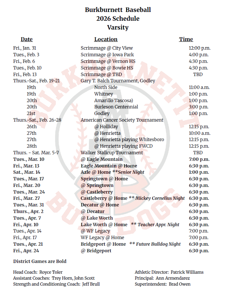 Updated Baseball Schedule