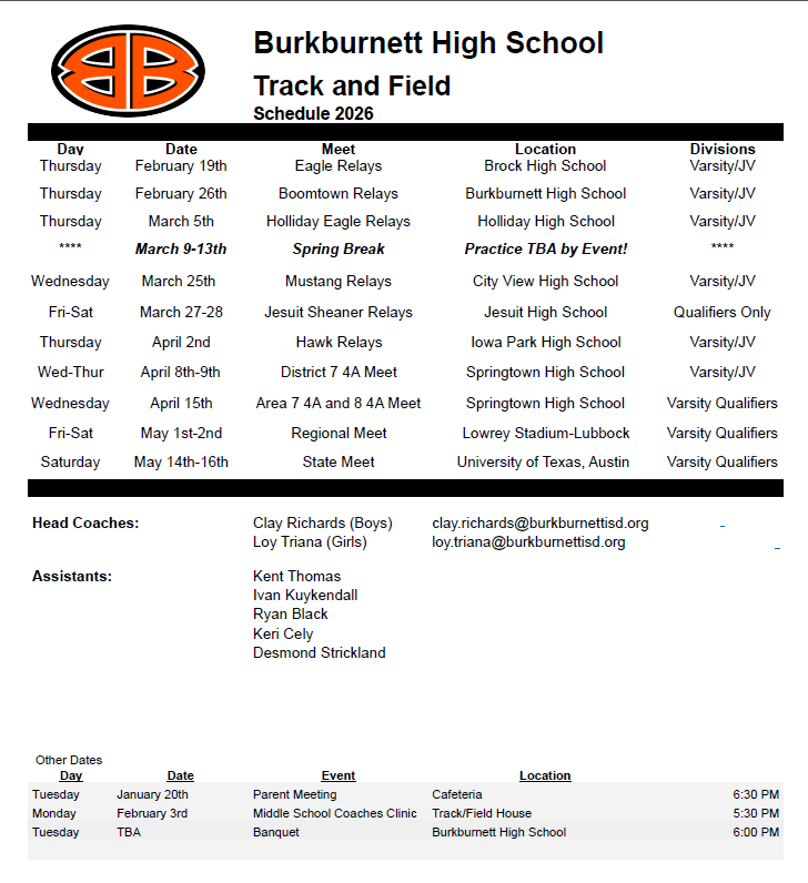BHS Bulldogs Track Schedule