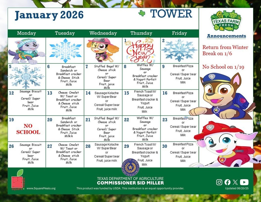 Breakfast menu January 2026