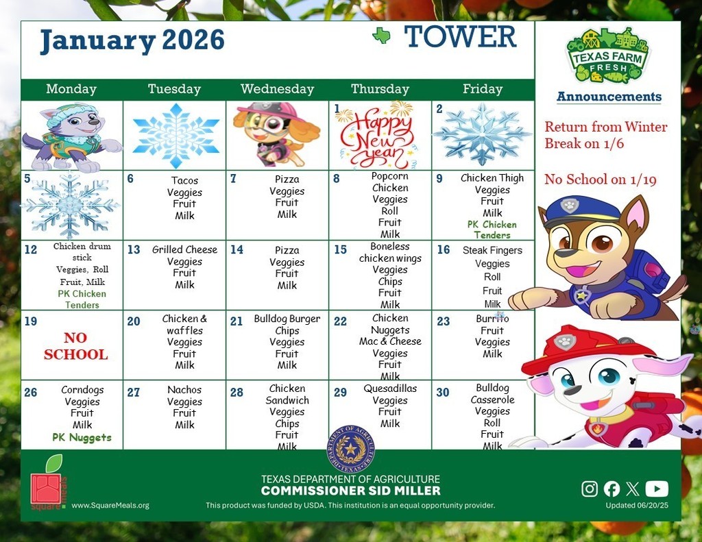 Lunch menu January 2026