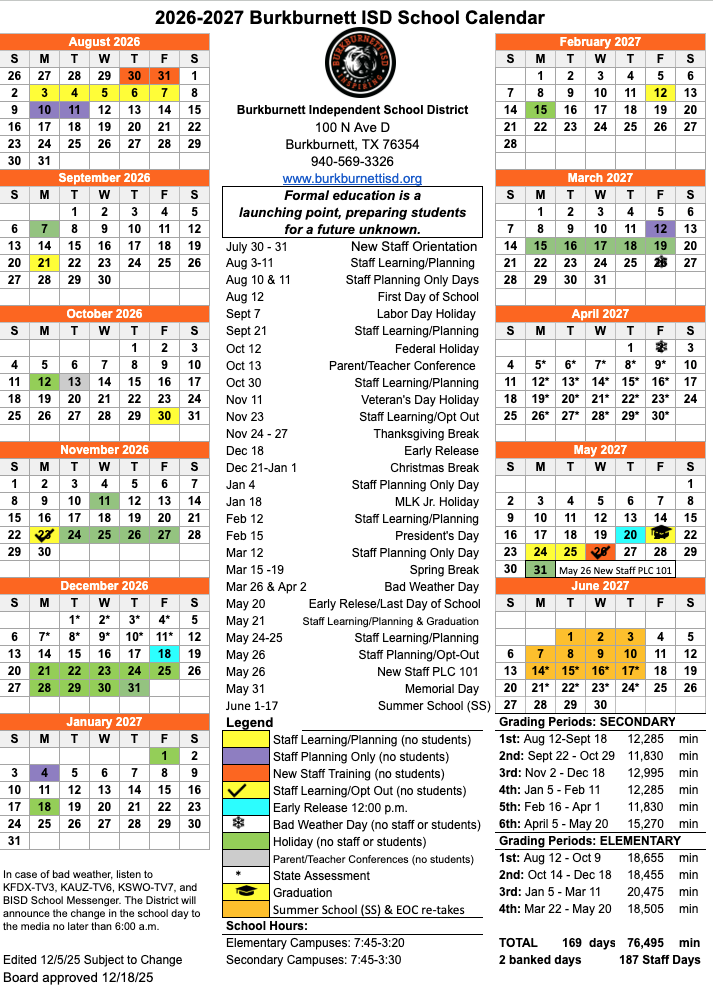 2026-27 BISD School Calendar