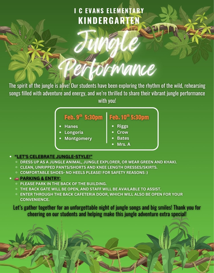 Kindergarten families! This post is for you. Performance is set for Feb. 9 & 10. See the chart on this flyer to see the evening your child will perform 💚  